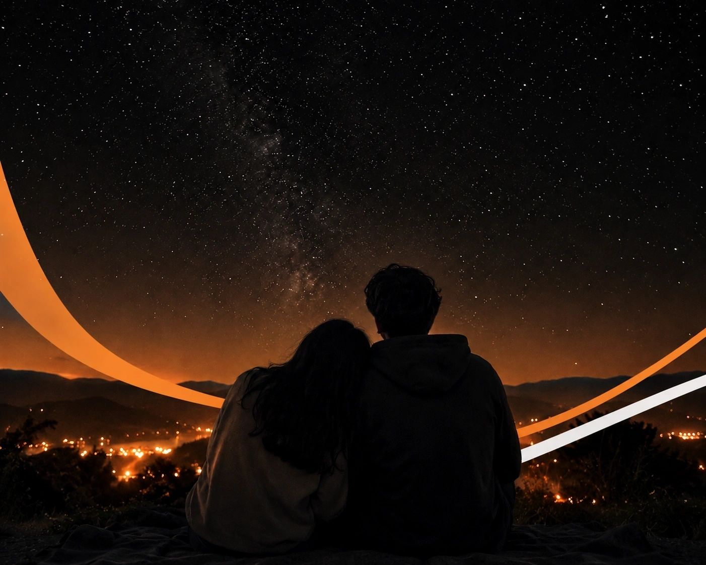 Two silhouettes under a starry night sky — a moment of connection